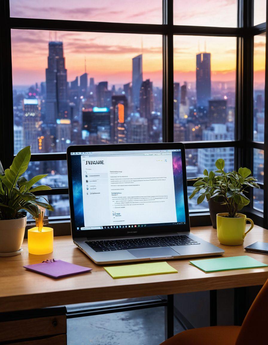A modern office desk scene featuring a neatly arranged laptop with a glowing screen displaying a polished resume. Nearby, colorful sticky notes with tips for job applications, a stylish coffee cup, and a plant add vibrancy to the setting. Include a soft-focus background of a bustling city skyline visible through a window. super-realistic. vibrant colors. warm lighting.