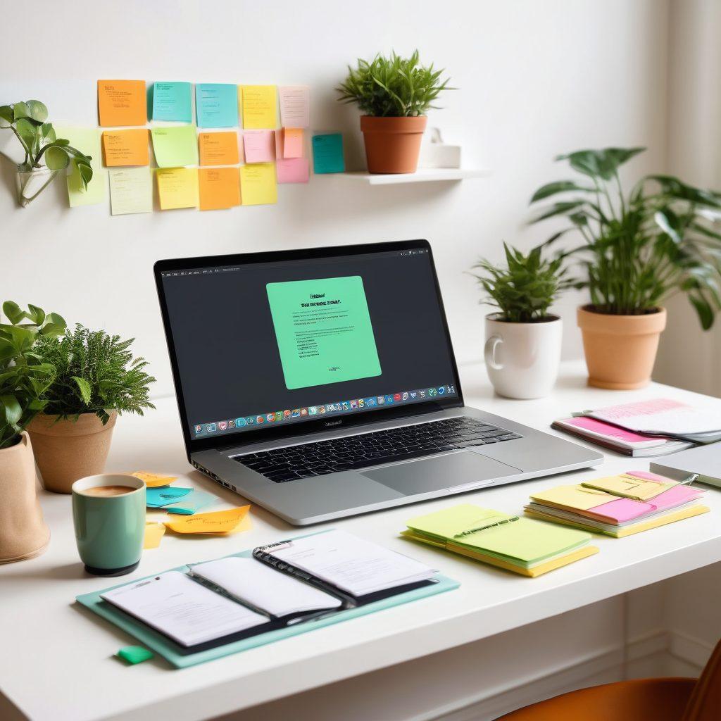 A professional workspace featuring a well-organized desk with a laptop displaying a beautifully formatted CV and resume. Include motivational quotes on sticky notes, a coffee cup, and a plant for a touch of life. The background shows a soft glow of a warm light, creating a cozy atmosphere. The overall composition should evoke professionalism and creativity. super-realistic. vibrant colors. white background.