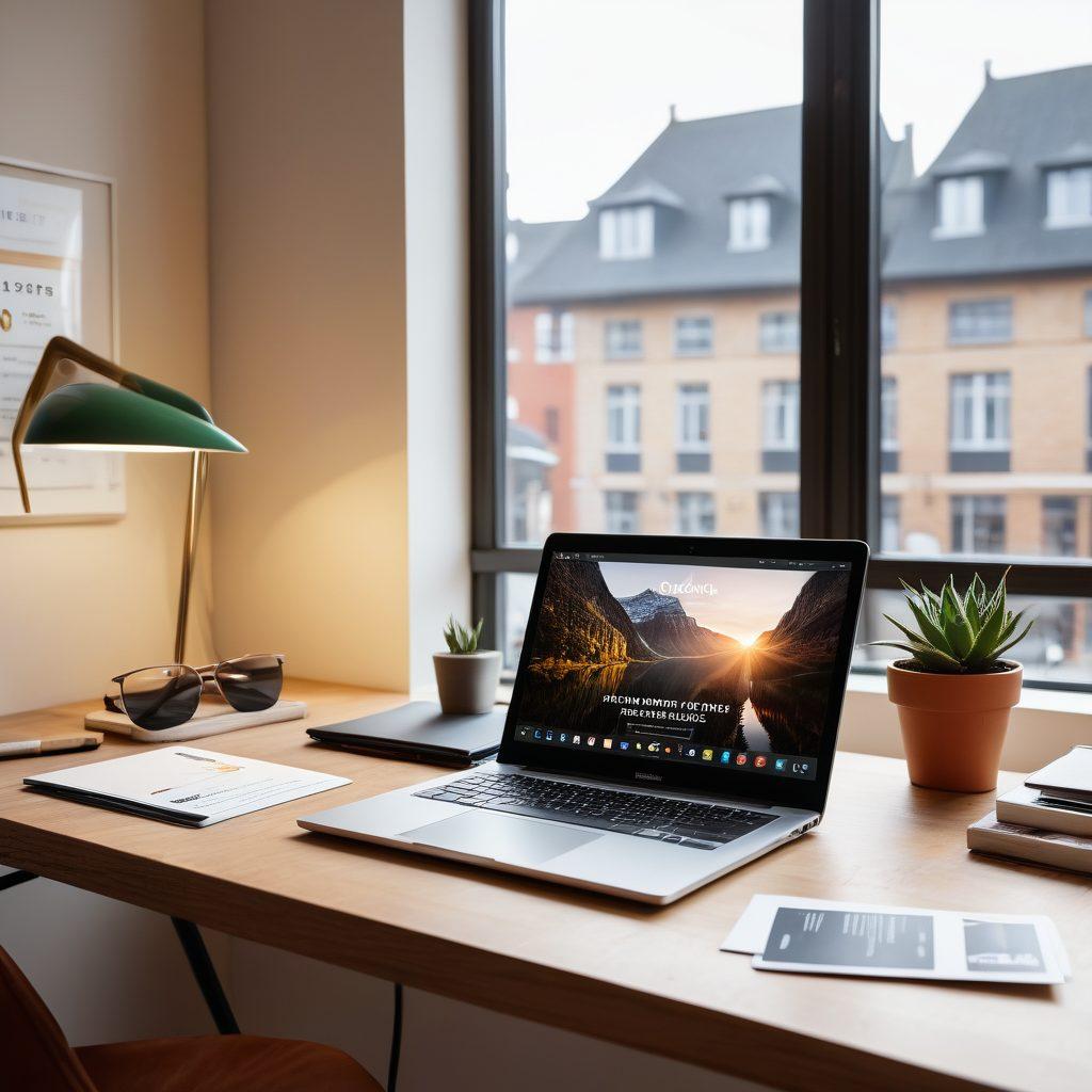 A sleek, modern workspace featuring a laptop displaying a Europass template, surrounded by personal branding materials like business cards and a portfolio. Soft natural light filtering through a window casting warm tones, symbolizing a journey of career growth. A motivational quote about personal branding subtly integrated into the background. super-realistic. vibrant colors. minimalistic style.